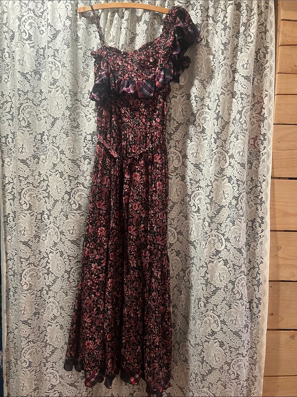 Free People One-Shoulder Floral Maxi Dress in Burgundy & Black Size Small